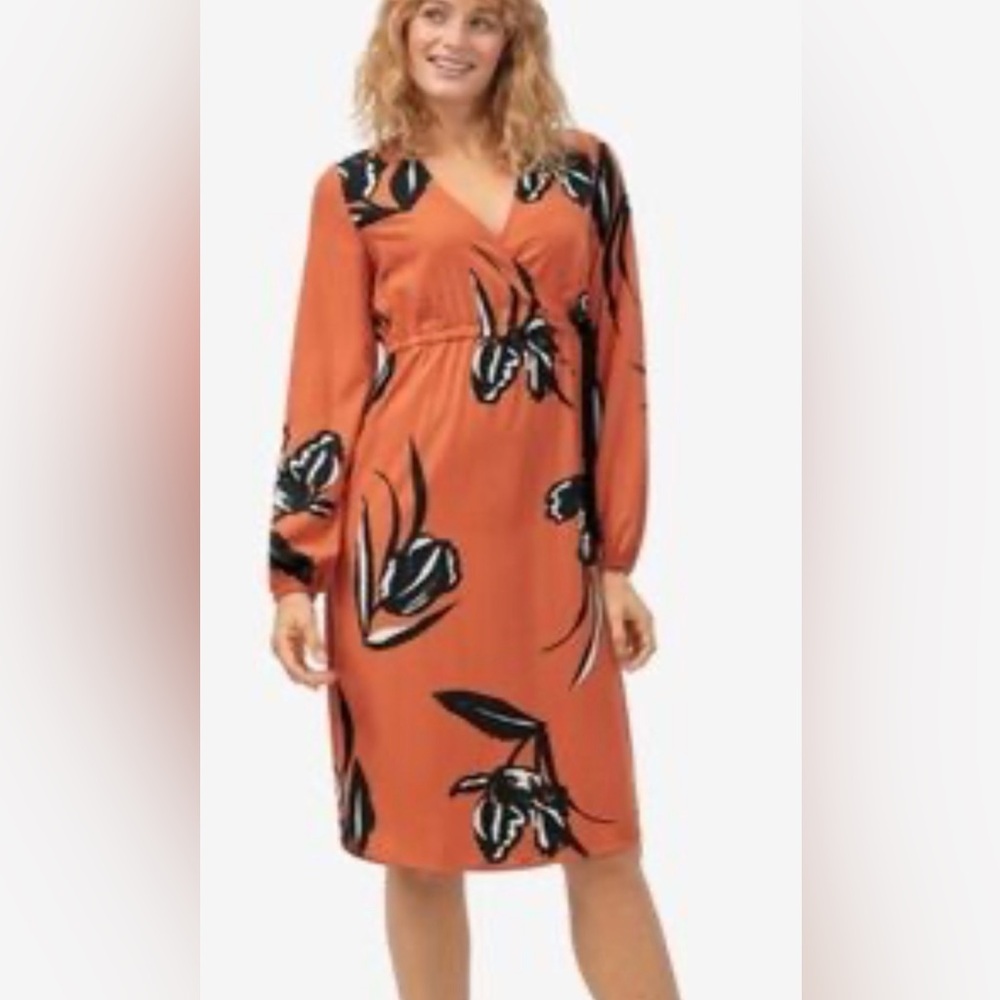 Ellos Orange and Black Floral Dress Lightweight Spring Easter Chic Colorful